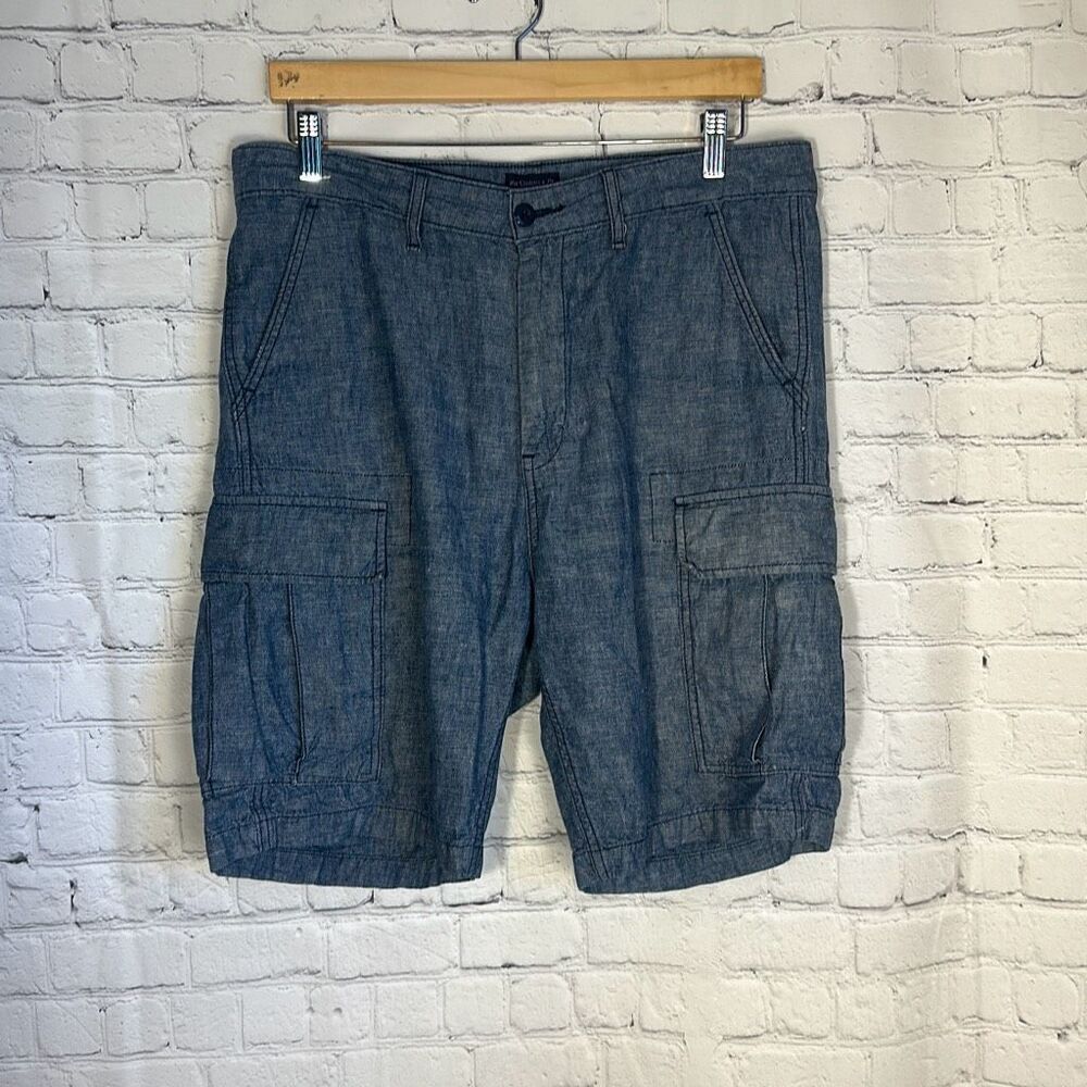 LEVI’S Linen Cargo Shorts Mens 32‎ Blue Grey Chambray Cotton Blend Stretch
